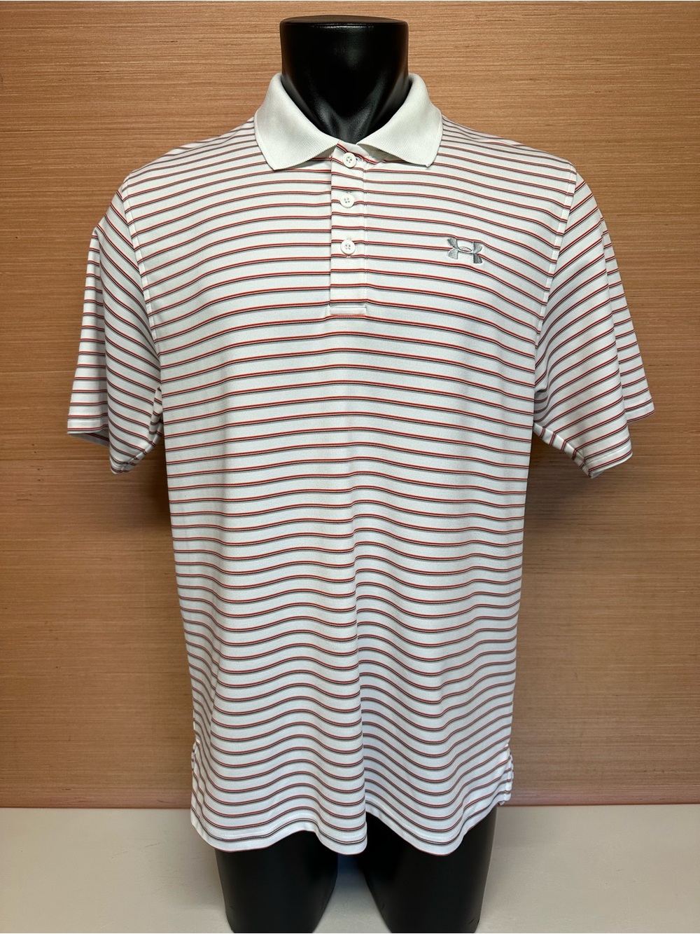 Under Armour White, Red, & Black Striped Short Sleeve Polo Shirt Men's Sz Large
